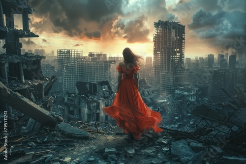 A woman in a flowing red dress stands on ruins, looking out at a destroyed city. The sky is filled with dark clouds and the city is in shambles.