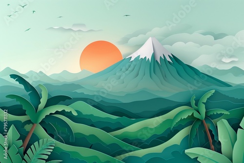 A picturesque sunset cascades over the serene Poas Volcano, presented in exquisite paper cutout art capturing the tranquil atmosphere. - AI Generated