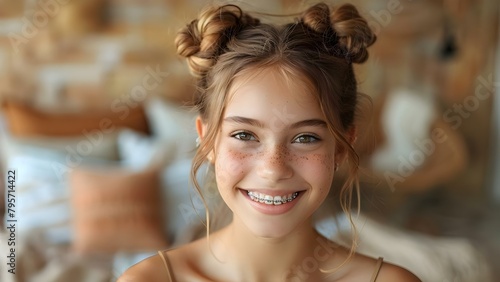 Closeup photo of smiling teenage girl with double buns and braces winking. Concept Portrait Photography, Teenage Girl, Smiling Expression, Double Buns, Braces, Winking Pose