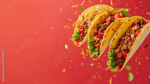 Delicious pieces of falling tacos on bright solid background, mexican food concept