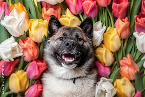 A carnivore companion dog is resting among flower petals in a pile of tulips