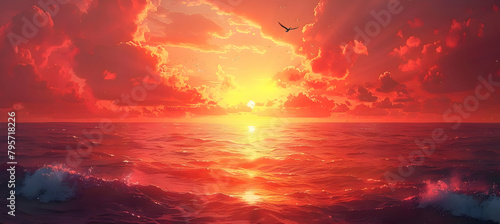 An illustration of a lone bird flying over the ocean at sunrise