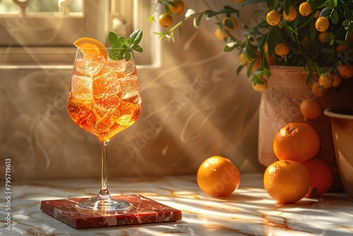 An image of an Aperol spritz cocktail in a glass, sitting on top of a small square red marble coaster with a white background and dark shadow