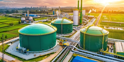 Aerial View of Green Energy Facilities in a Rural Setting at Sunset, Highlighting Environmental Innovation and Renewable Resource Management, Generative AI