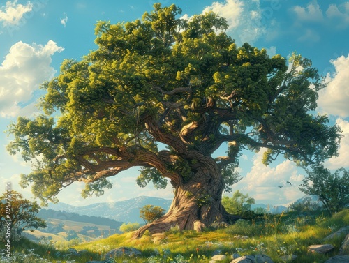 A majestic oak tree, providing shelter and food for a multitude of organisms within its ecosystem