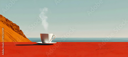 An illustration of a minimalist coffee cup with steam in a tranquil setting