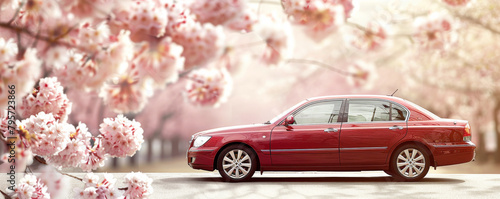 Red luxury sedan parked on street lined with blooming cherry blossoms. Soft pink petals contrast with the car glossy finish
