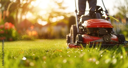 Lawn mower on green grass in a modern garden. Machine for cutting lawns.