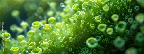 Close-up of a green algae colony in asexual reproduction, emphasizing rapid cell division in a freshwater habitat, ideal for environmental documentaries