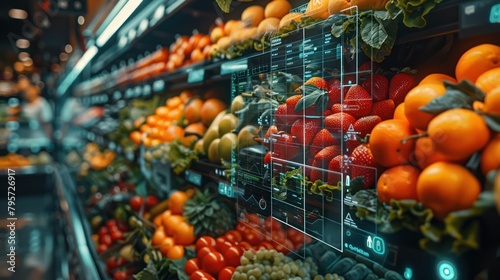 Close-up view of a digital monitor displaying blockchain data for eco-labeled organic fruits at a high-tech grocery store