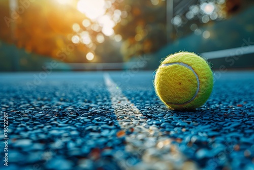 A close-up of a tennis ball resting on a blue hard court with sun filtering through at sunrise, highlighting the texture