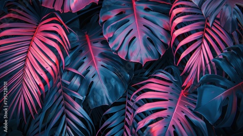 Tropical palm and monstera leaves in vibrant pink and blue colors in retro style