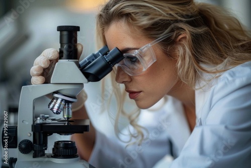 A dedicated female researcher attentively studies samples through the eyepiece of a precision microscope in a well-equipped laboratory