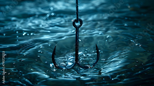 An illustration of a simple fishhook without bait under clear water