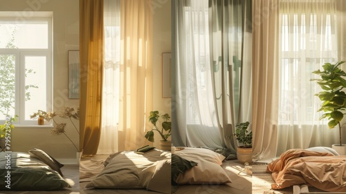 images depicting a home with windows dressed in different curtains for each season: light sheers for spring, blackout for summer, thermal for autumn, and insulated for winter