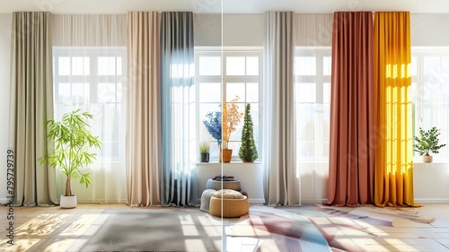 images depicting a home with windows dressed in different curtains for each season: light sheers for spring, blackout for summer, thermal for autumn, and insulated for winter