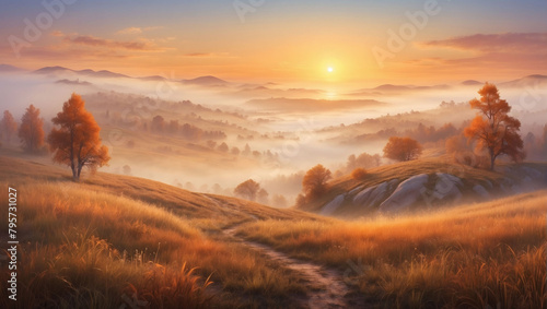 Dewy Dawn Dreamland, Landscape with Fog in Warm Amber Hues, Transforming the Dawn into a Dreamy Realm.