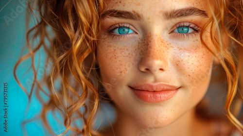 Woman With Freckled Hair and Blue Eyes. Generative AI