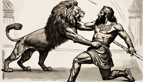 A gladiator fighting a male lion.