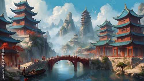 Eastern Enchantment, Captivating Art Featuring a Fantasy Cityscape Infused with Chinese Cultural Elements.