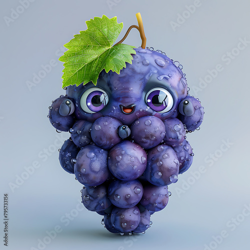 Funny cute bunch of purple grapes with hands and eyes, 3d illustration on a white background, for advertising and design of fruit dishes