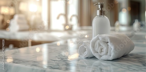 White marble bathroom tabletop with shampoo bottle, towels and copy space for montage your product display over blurred white elegance bathroom in background. AI generated illustration