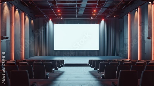 A wide, empty auditorium in a conference hall featuring a stage and a blank canvas, ready for events and presentations