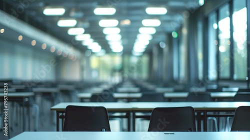 A blurred, defocused view of an empty university classroom, giving a sense of anticipation and the academic environment