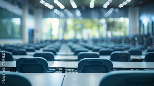 A blurred, defocused view of an empty university classroom, giving a sense of anticipation and the academic environment