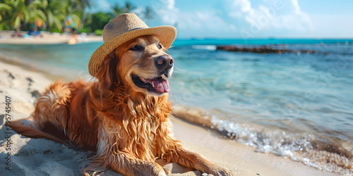 Golden retriever dog enjoying a relaxing summer vacation at a seaside resort beach in Hawaii.