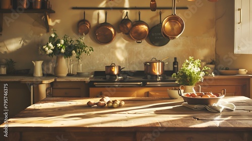 A rustic kitchen setting with a wooden farmhouse table, antique copper pots hanging, and warm, soft lighting