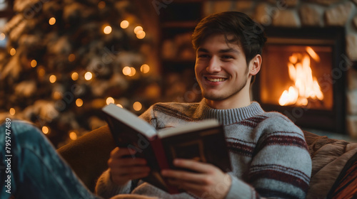 Handsome young man wearing sweater, sitting in an armchair and reading a book near the fireplace. Warm and comfortable at home relax in cozy room, winter holiday. Evening rest at night,flame burning