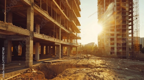 Sunlight casting over an abandoned construction site, the unfinished buildings shadowed, showing halted progress and investment