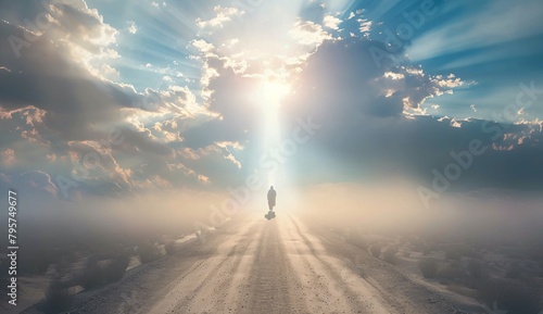 a person riding a skateboard on a road with light shining through clouds