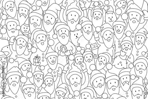 Crowd of Santa Clauses. Seamless pattern with Santa Claus. Christmas. Sketch line art vector illustration