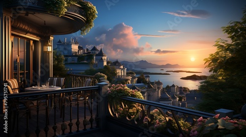 a balcony with a table and chairs overlooking a lake and a castle at sunset with a view of the ocean
