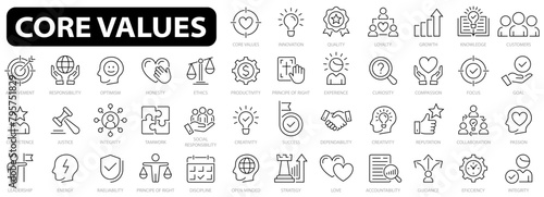 Core values simple icon set. Goals and Target Related Vector Line Icons. Vector images with editable stroke. Containing such qualities as performance, passion, diversity, accountability and more.