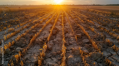 Drought Conditions Lead to Agricultural Devastation, Rows of agricultural crops in the field 