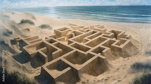 Labyrinth or maze made out of sand on sea or ocean beach illustration. Search for exit in a game or a riddle concept. Find the solution, right path to achieve a goal