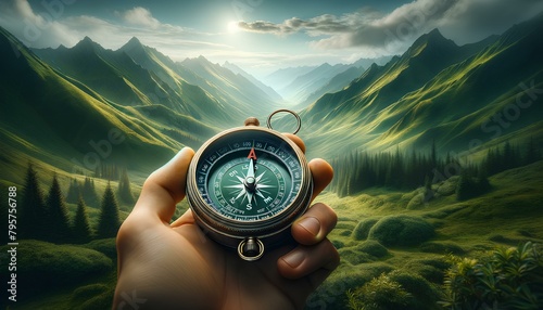 A person is holding a compass in a lush green field