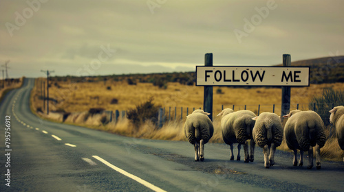 Sheep walking on street or road towards the sign with text follow me. Flock group following shepherd Jesus Christ, repent, believe gospel. Spiritual road or path, led astray, Bible God, copy space