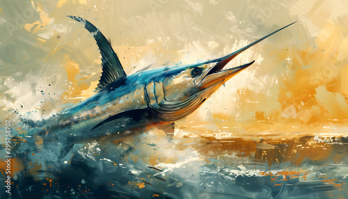 Painting of a swordfish jumping out of the ocean