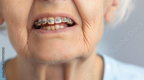 Closeup of old woman, senior lady wearing braces on her teeth with smile. Dentist medicine treatment, happy pensioner patient