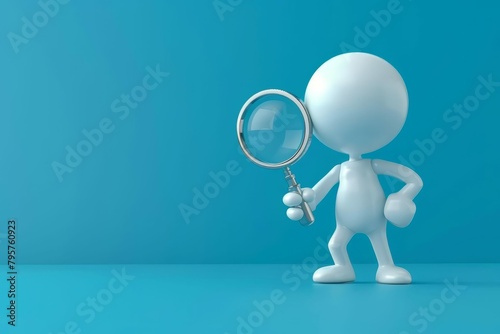 3d white human character holding magnifying glass search and analysis concept
