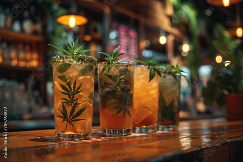 Assorted CBD cocktail drinks decorated with marijuana cannabis leaves in glasses
