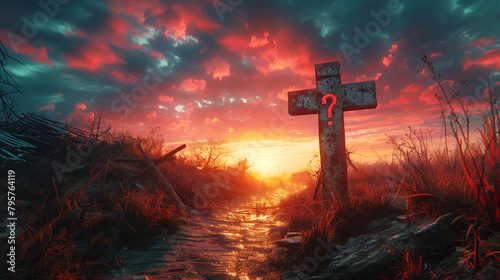 Christian Cross with Question Mark at Sunset