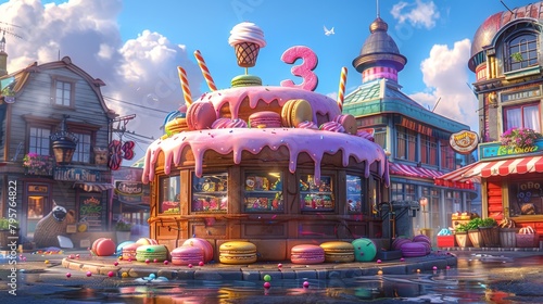  A painting of an ice cream shop situated in the heart of a bustling town, adorned with numerous scoops of ice cream