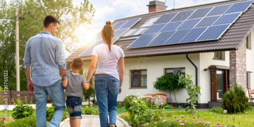 Sustainable Living: Family Standing Proud in Front of Their Eco-Friendly Home Equipped with Solar Panels, Embracing Renewable Energy for a Green Future, Generative AI