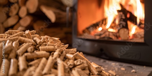 Embracing Warmth and Sustainability: Biofuel Wood Pellets in Focus as Renewable Energy for Domestic Heating, Signifying an Eco-Friendly Future, Generative AI