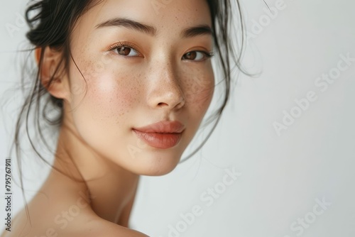 beautiful asian woman with flawless smooth skin gazing at camera studio portrait on white background natural beauty concept ai generated 13